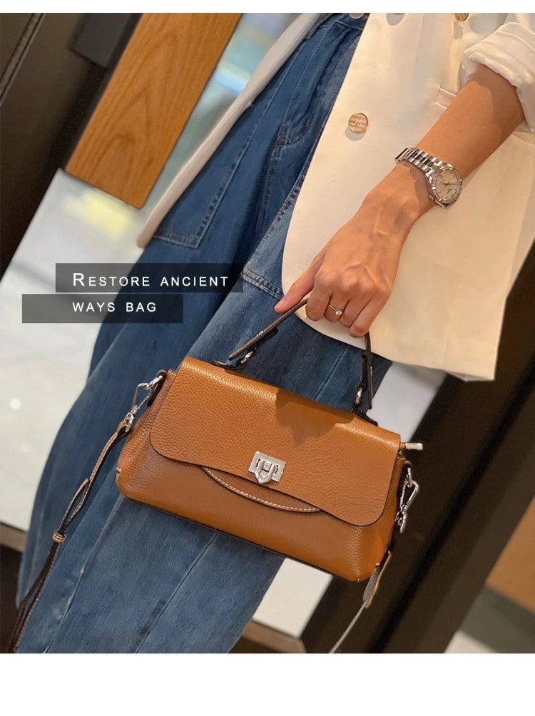 luxury handbags female crossbody bags Vintage Genuine leather one piece shoulder bag small square bag for women cowhide Blue bag