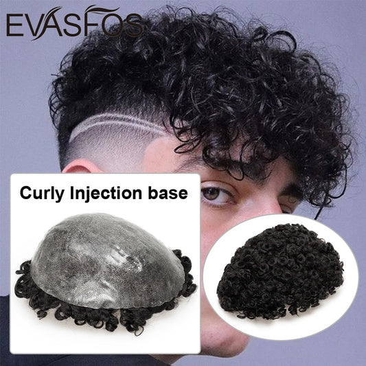 Curly PU Male Hair Prosthesis 0.12mm Injection Skin Toupee Men Durable Wigs For Men Human Hair System Unit Capillary Prosthesis