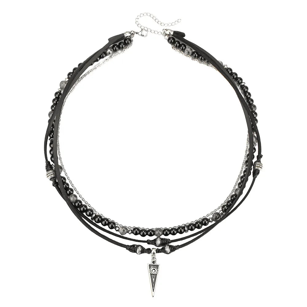 Retro Men Multilayer Leather Necklace Black Agate Beaded Necklace Bohemian Party Jewelry Accessories Gifts