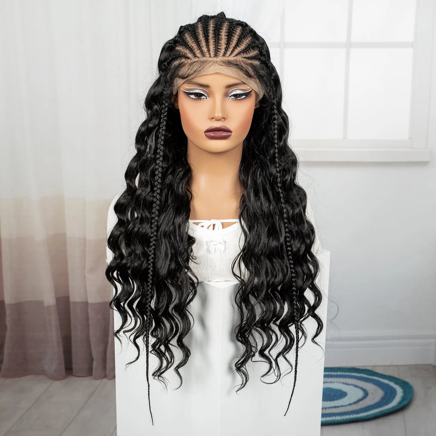 28inch 13x6 Transparent Lace Front Natural Deep Wave Hair Wigs with Cornrow Braids Synthetic Curly Brazilian Hair Wig for Women