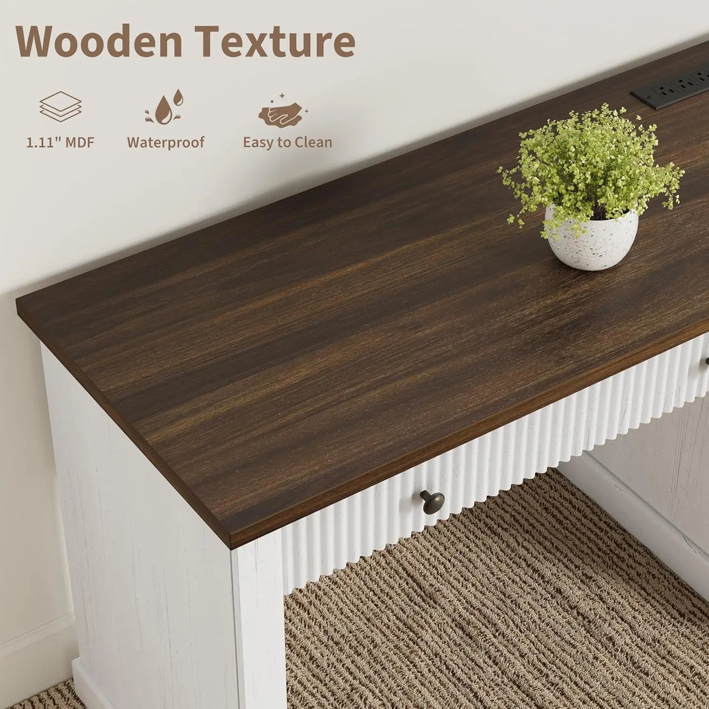 54" Modern Executive Desk with Charging Station Fluted Wood Computer Desk with File Cabinet & Drawers Home Office Furniture