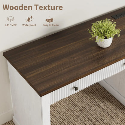 54" Modern Executive Desk with Charging Station Fluted Wood Computer Desk with File Cabinet & Drawers Home Office Furniture
