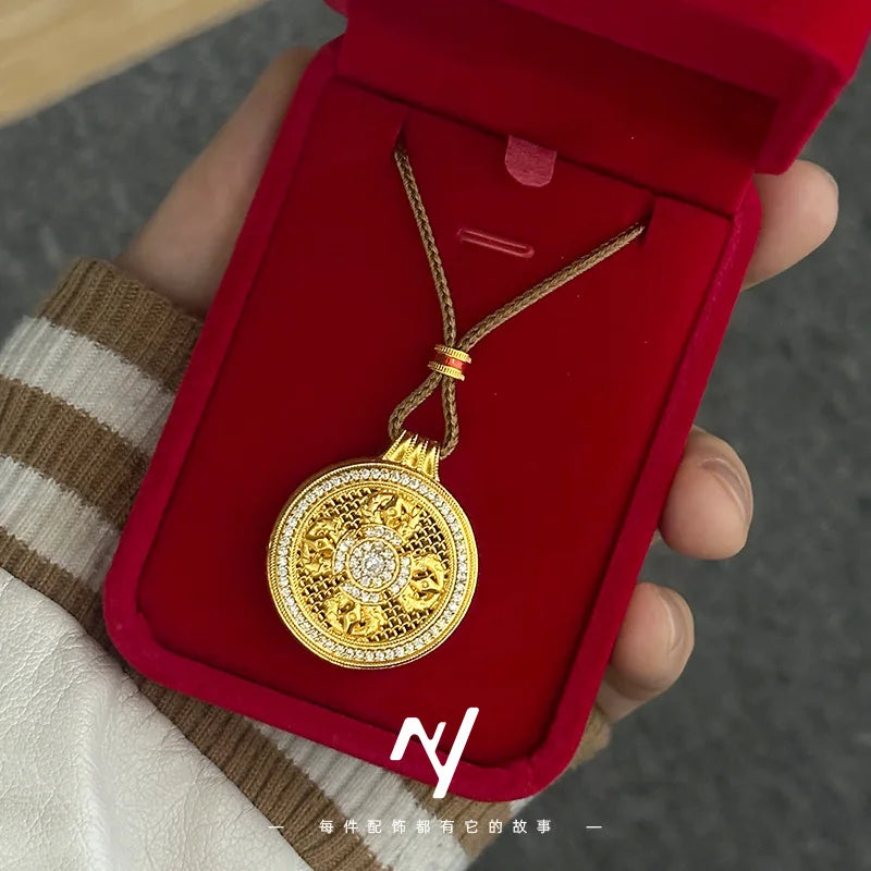 Luxury 24K 9999 Pure Gold Dorje Vajra Pestle Full Diamond Compasses Pendant Hollow Woolen Chain Lanyard Necklace