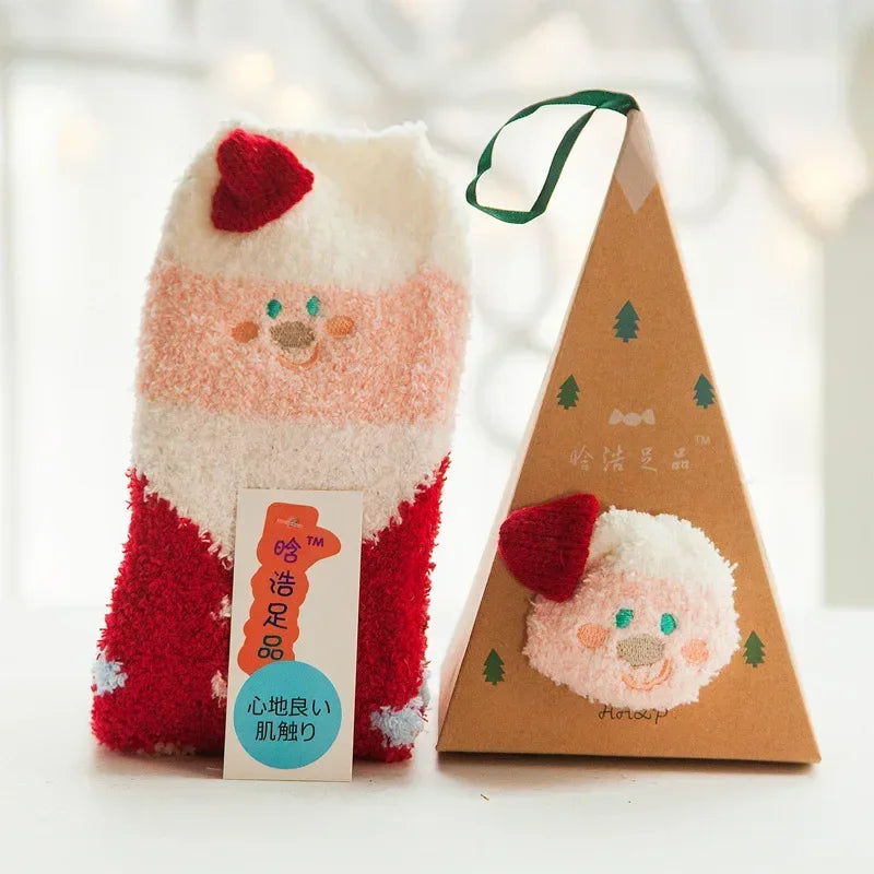 1 Pairs Box Christmas Socks Women Cute Thermal Fluffy Fuzzy Soft Velvet Thermo Sleep Sock Thick Warm Winter Socks New year Gift