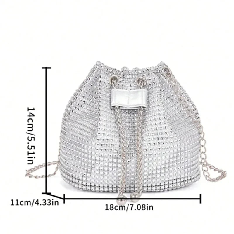 Sparkling Rhinestone Embellished Drawstring Crossbody Bag for Women Multi-Functional Bucket Purse with Detachable Chain Strap
