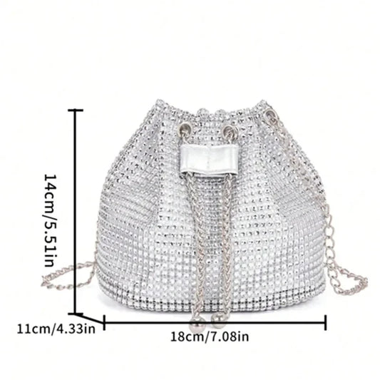 Sparkling Rhinestone Embellished Drawstring Crossbody Bag for Women Multi-Functional Bucket Purse with Detachable Chain Strap