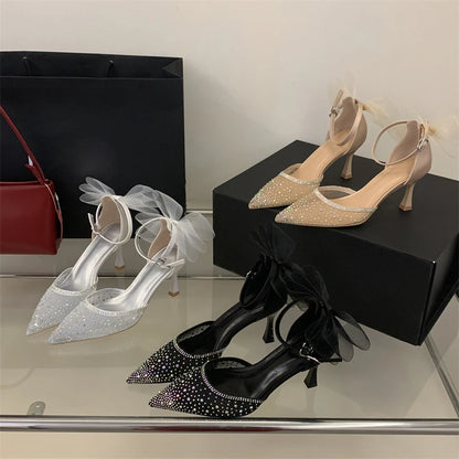 Eilyken Spring Sexy Crystal Mesh Bowknot Pumps Women Pointed Toe Buckle Strap Sandals Thin Heels Party Shoes Zapatos Mujer