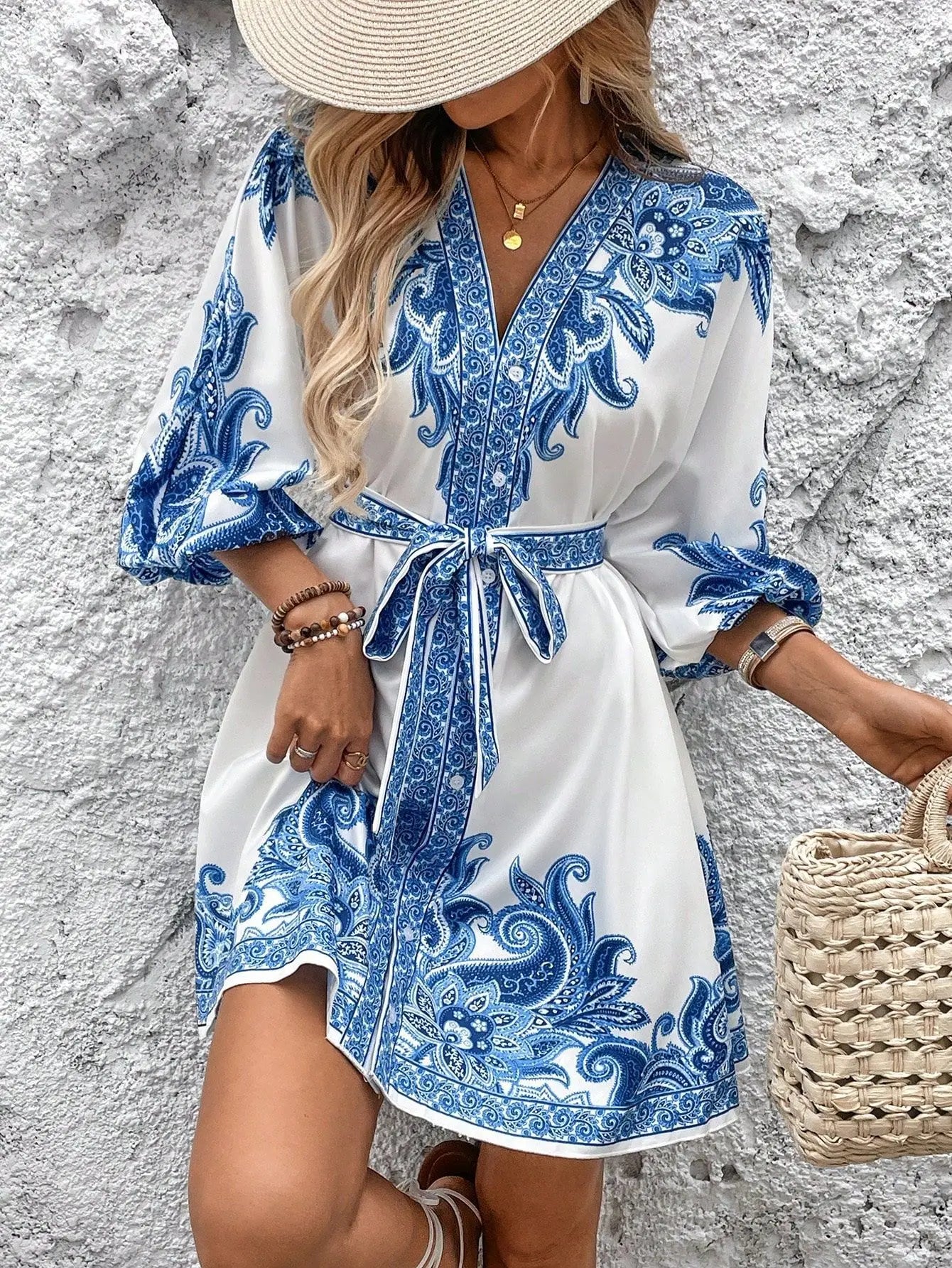 Elegant Women's Retro Printed V Neck Lantern Sleeve Dress Spring Summer Fashion Cinched Waist Lace-up Female Vacation Shortskirt