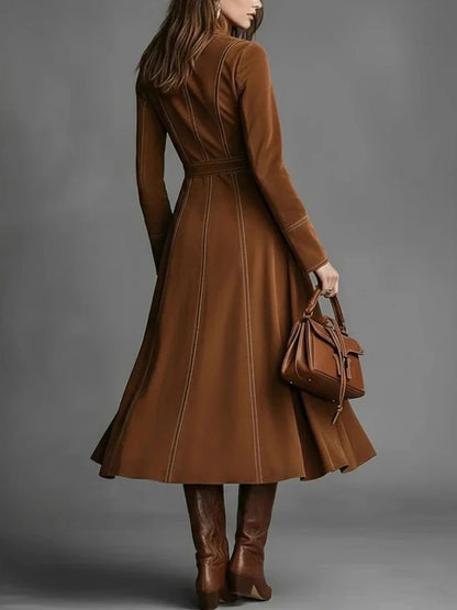 Elegant Retro Solid Suede Dresses Woman Stand Collar Zipper Slim A-line Dress Long Sleeve Lace Up Pocket High Street Midi Dress