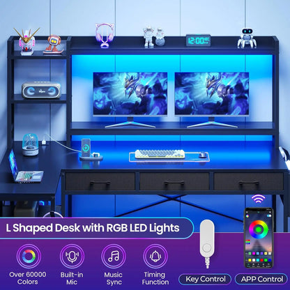 55" L Shaped Gaming Desk, Gaming Desk with Hutch & Drawers, Corner Computer Desk with Shelves and Storage, Customized