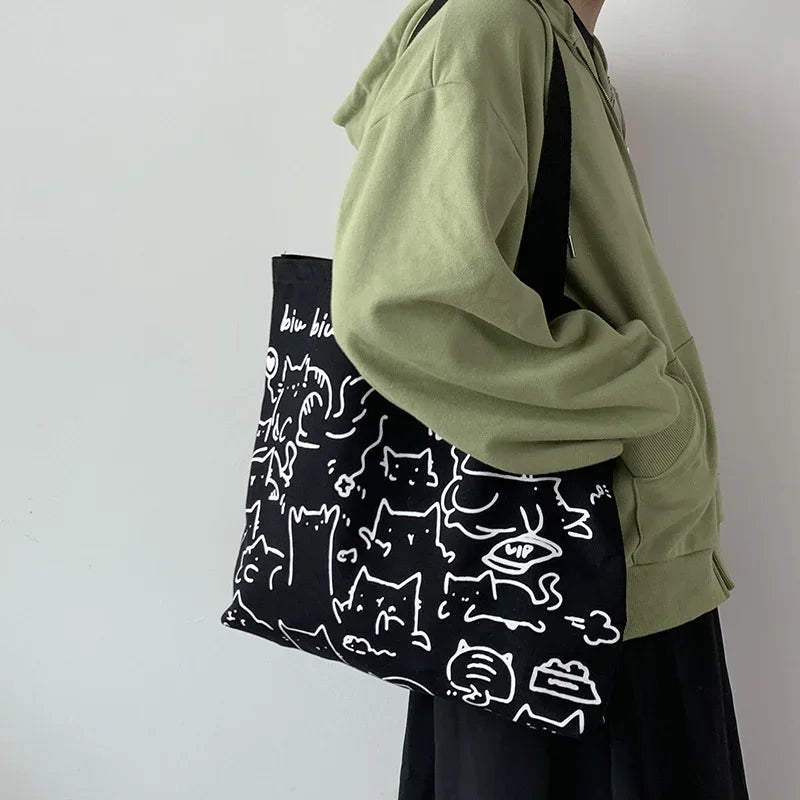 Canvas Bag Womens Handbag Shopping Bag Cute Cat Zipper Handbag Designer Bag Japanese Style Cartoon Small Shoulder Bag
