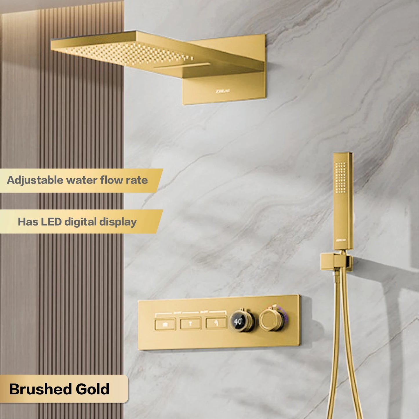 Luxury brass gun gray wall mounted shower system, wall mounted design with constant temperature LED digital display bathroom Tap