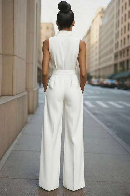 Sleeveless Lapel Jumpsuit Women's Fashion Button Down Shirt Collar Solid Color Wide Leg Commuting Office With Pocket Jumpsuit