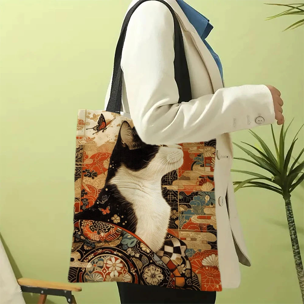 Classic Black And White Cat Tote Bag With Cat Print, Reusable Shoulder Shopping Beach Bag For Women, Durable Casual Carryall