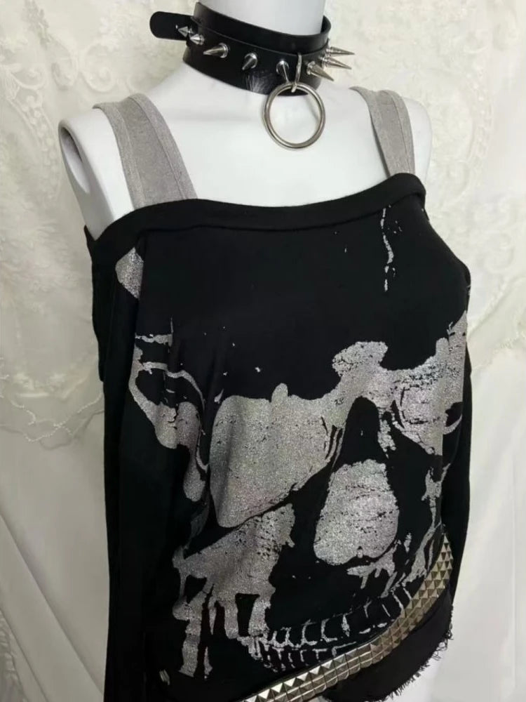 Y2k Fake Two Pieces Vintage Tops Streetwear Slash Neck Skull Print Off Shoulder Gothic Punk Tshirts Women Grunge Harajuku Tees