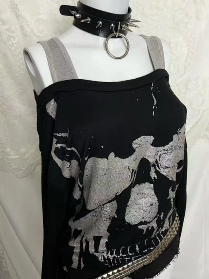 Y2k Fake Two Pieces Vintage Tops Streetwear Slash Neck Skull Print Off Shoulder Gothic Punk Tshirts Women Grunge Harajuku Tees