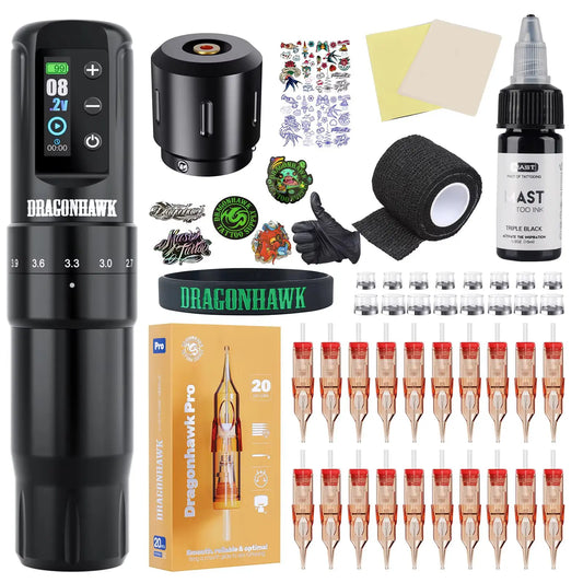 Dragonhawk Wireless Tattoo Machine 7 Strokes Length Power By Mcore-A3 Wireless Wire Battery RCA  Pen Rotary Gun Supplies