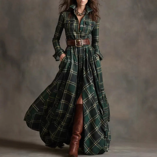 Plus Size Women's French Vintage Plaid Slimming Asymmetrical Dress Long Sleeve Elegant Commute Style Polyester Fabric