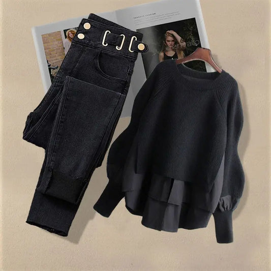 2026 Spring Autumn New Vintage Jeans Matching Set Women's Korean Elegant Fake Two Piece Knit Sweater+High Waist Denim Pants Suit