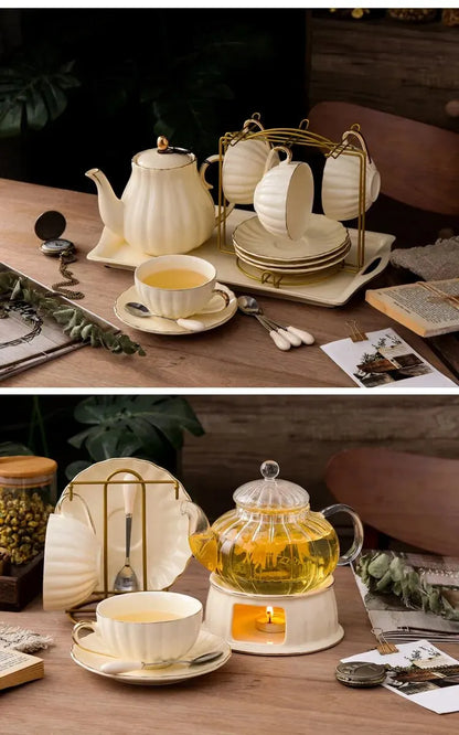 British Handle Ceramic Glass Teapot With Candle Heating Base Set European Porcelain Coffee Pot Afternoon Tea Home Decoration