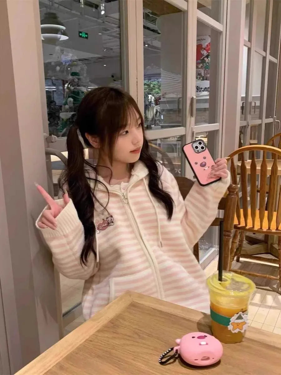 Pink Striped Knitted Sweater Coat Loose Women's Sle Korean Version Autumn Winter New Arrival Sweet School orm Theme