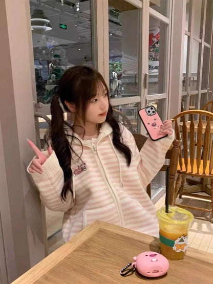 Pink Striped Knitted Sweater Coat Loose Women's Sle Korean Version Autumn Winter New Arrival Sweet School orm Theme