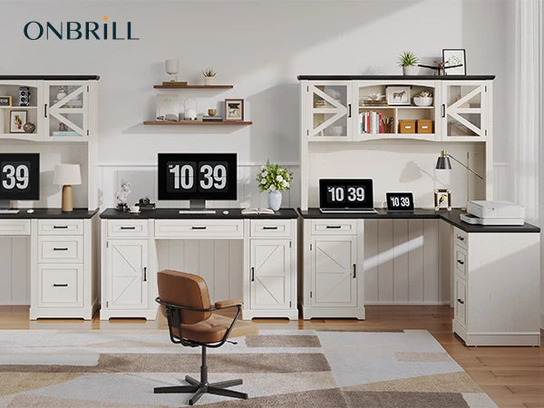 72" L-Shaped Executive Desk with Hutch, Farmhouse Home Office Desk, Wood L Shaped Computer Desks, Withe Computer Workstations