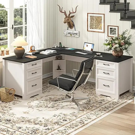Rustic Executive Home Office Desk with Storage and Spacious File Drawer, Large Writing Desk for Bedroom in Black