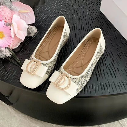 Soft Bottom Women Bean Metal Single Shoes Fashionable Versatile Shallow Mouth Retro Square Head Flat Bottom Coarse Women's Shoes