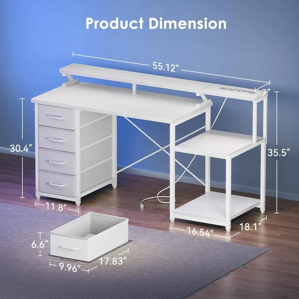 55 Inch Computer Desk with 4 Drawers, Office Desk with Power Outlets, Printer Shelf & Storage Shelves, Large, Customized