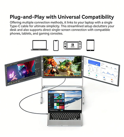 Sibolan 16" 2.5K Three Screen Portable Monitor 60Hz 100% sRGB Metal Body HDMI USB-C Plug Laptop Display Extender For Wins Mac OS