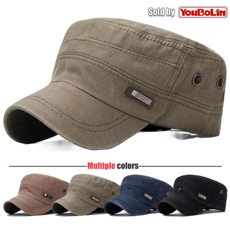 Cotton Perforated Breathable Military Academy Cadet Flat Cap Sun Hat Trucker Caps Dad Hats