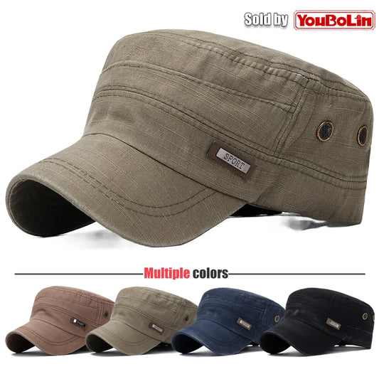 Cotton Perforated Breathable Military Academy Cadet Flat Cap Sun Hat Trucker Caps Dad Hats