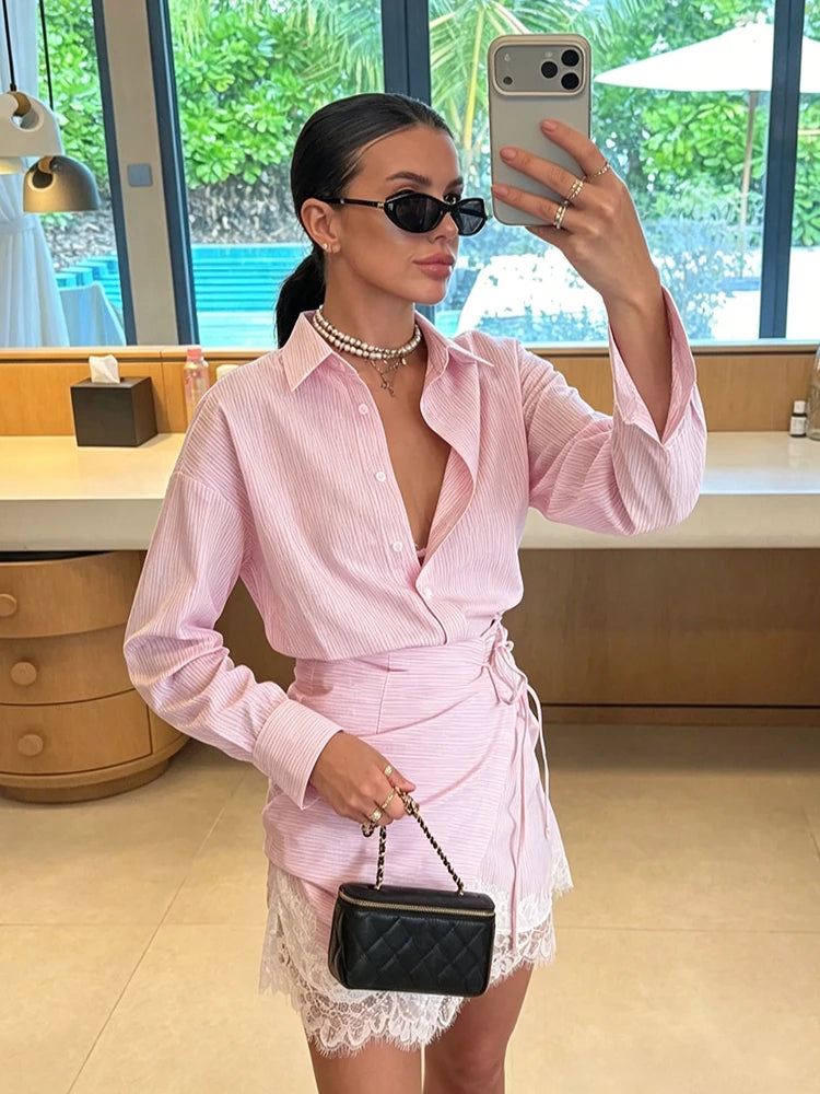 Striped Mini Dress Women Lapel Single Breasted Long Sleeves Lace Patchwork Waistband Robe Female 2026 Summer Beach Vacation Sets