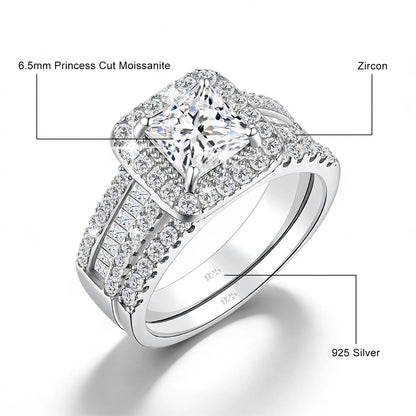 2Pcs 925 Silver Wedding Rings Set for Women Princess Cut White Moissanite Halo Engagement Bridal Ring Vintage Luxury Jewelry