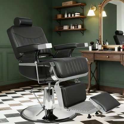 Barber Chair, Modern Hydraulic Reclining Barber Salon Chair with Vertical PU Leather, Adjustable Headrest & Footrest,Customized