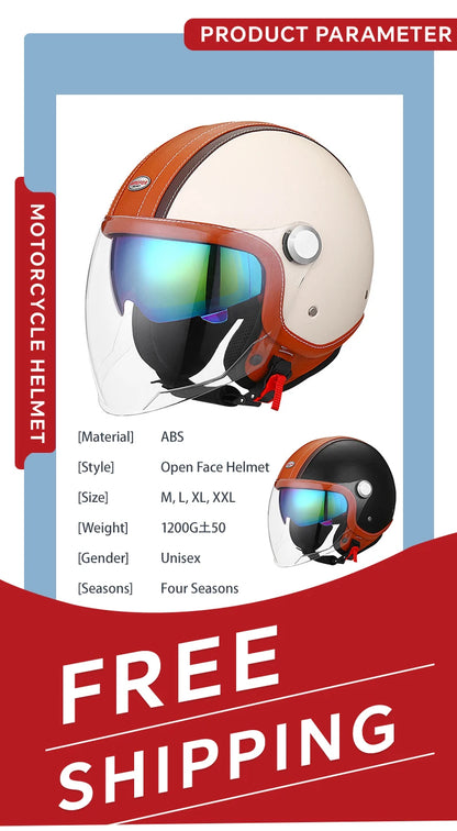 DOT Open Face Motorcycle Helmets Double Visor Retro Jet Helmet Leather Vintage Men Women 3/4 Open Half Helmet with Inner Lens