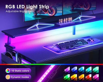 48-Inch L-Shaped Gaming Desk with USB Ports, LED Lights, Storage Shelves & Power Outlets in Black