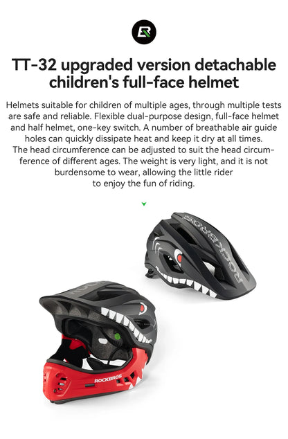 ROCKBROS Child Cycling Helmets Detachable Full Face Helmet Lightweight Adjustable Bicycle Scooter Helmet Safety Breathable