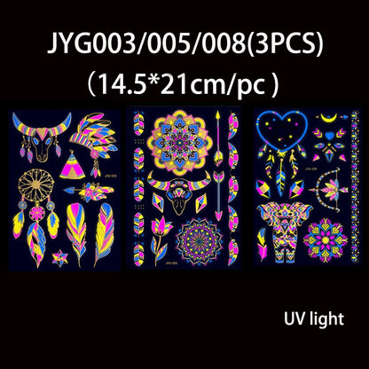 Luminous Temporary Tattoos Stickers Fluorescent Neon In Dark Illuminate Tattoo Elephant/Love Heart Shoulder Tattoo Party Sticker