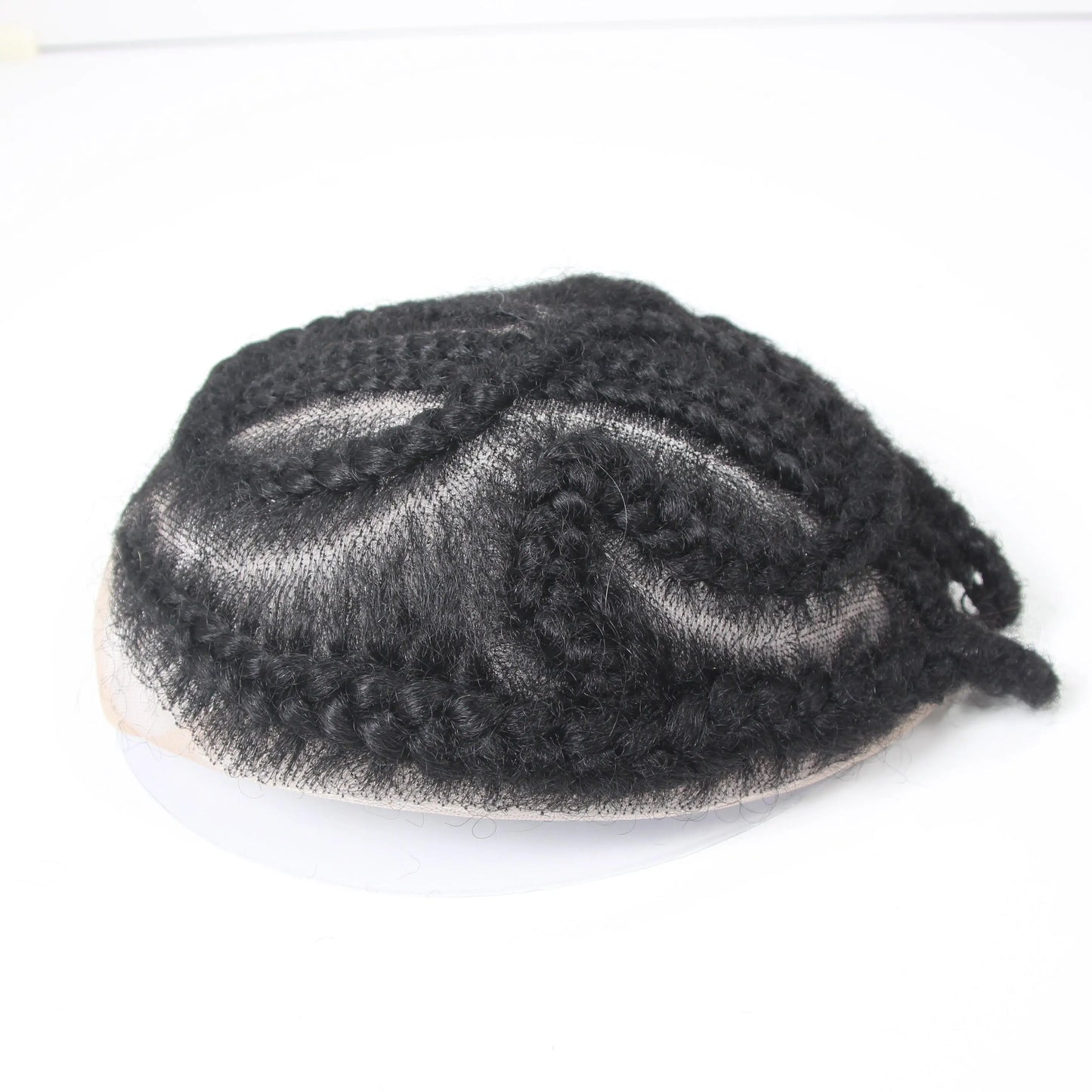 Glueless European Virgin Hair Toupee #1B Black - 8x10 Full Lace System w/Afro Corn Braids for Men