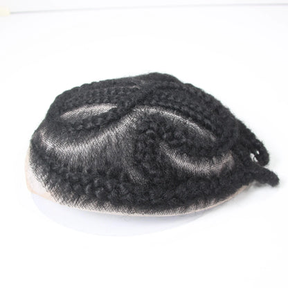 Glueless European Virgin Hair Toupee #1B Black - 8x10 Full Lace System w/Afro Corn Braids for Men
