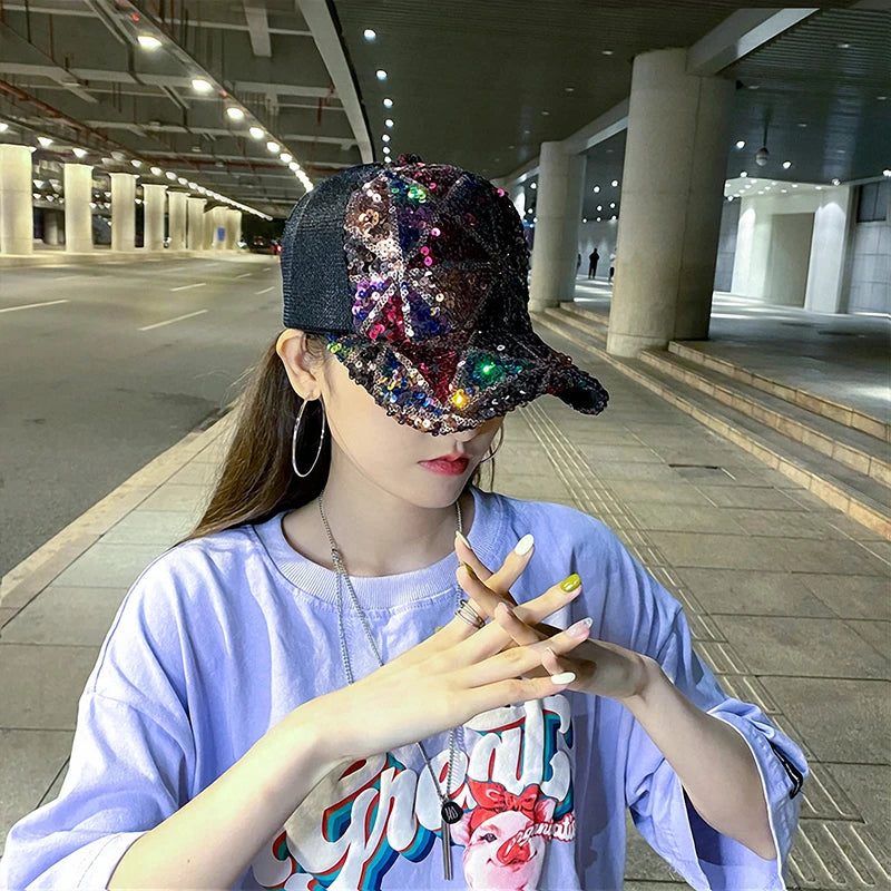 Summer Shiny Sequin Back Mesh Adjustable Cotton Baseball Cap Sun Hat