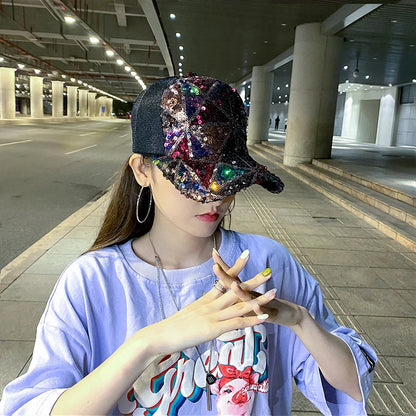 Summer Shiny Sequin Back Mesh Adjustable Cotton Baseball Cap Sun Hat