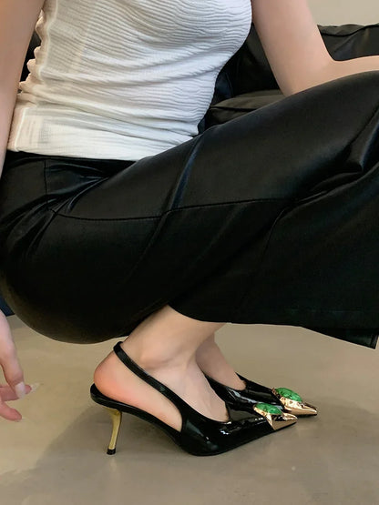 Fashion Design Inlay Gems Pointed Toe Patent Leather Sexy Slingback Sandals Women Pumps High Heels Wedding Banquet Shoes