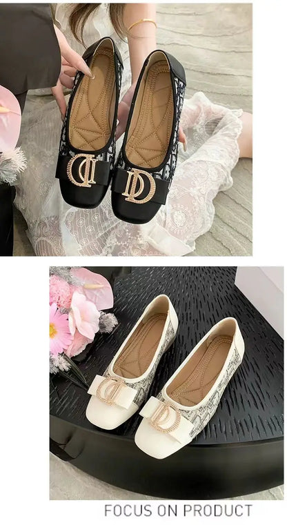 Soft Bottom Women Bean Metal Single Shoes Fashionable Versatile Shallow Mouth Retro Square Head Flat Bottom Coarse Women's Shoes