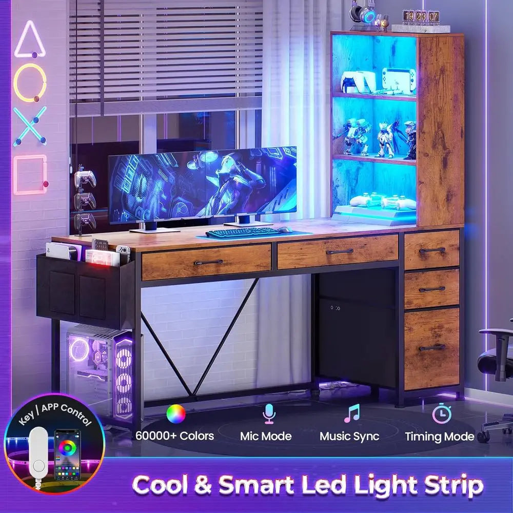 5-Drawer Rustic Brown Desk with Bookshelf and LED Lights, Compact Home Office Gaming Corner Desk with Storage Customized