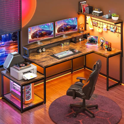 Rustic Brown L-Shaped Gaming Desk with LED & Power Outlets, Reversible Corner Desk with Storage and Hooks,Home Office Customized