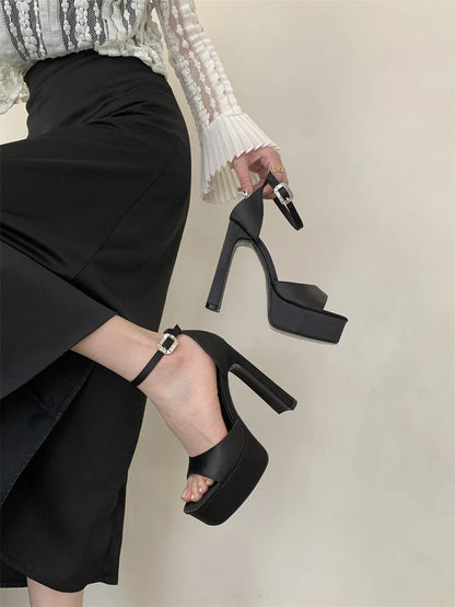 Liyke Runway Style Black High Heels Platform Sandals For Women Cozy Silk Square Toe Buckle Strap Lady Party Dress Shoes Size 40
