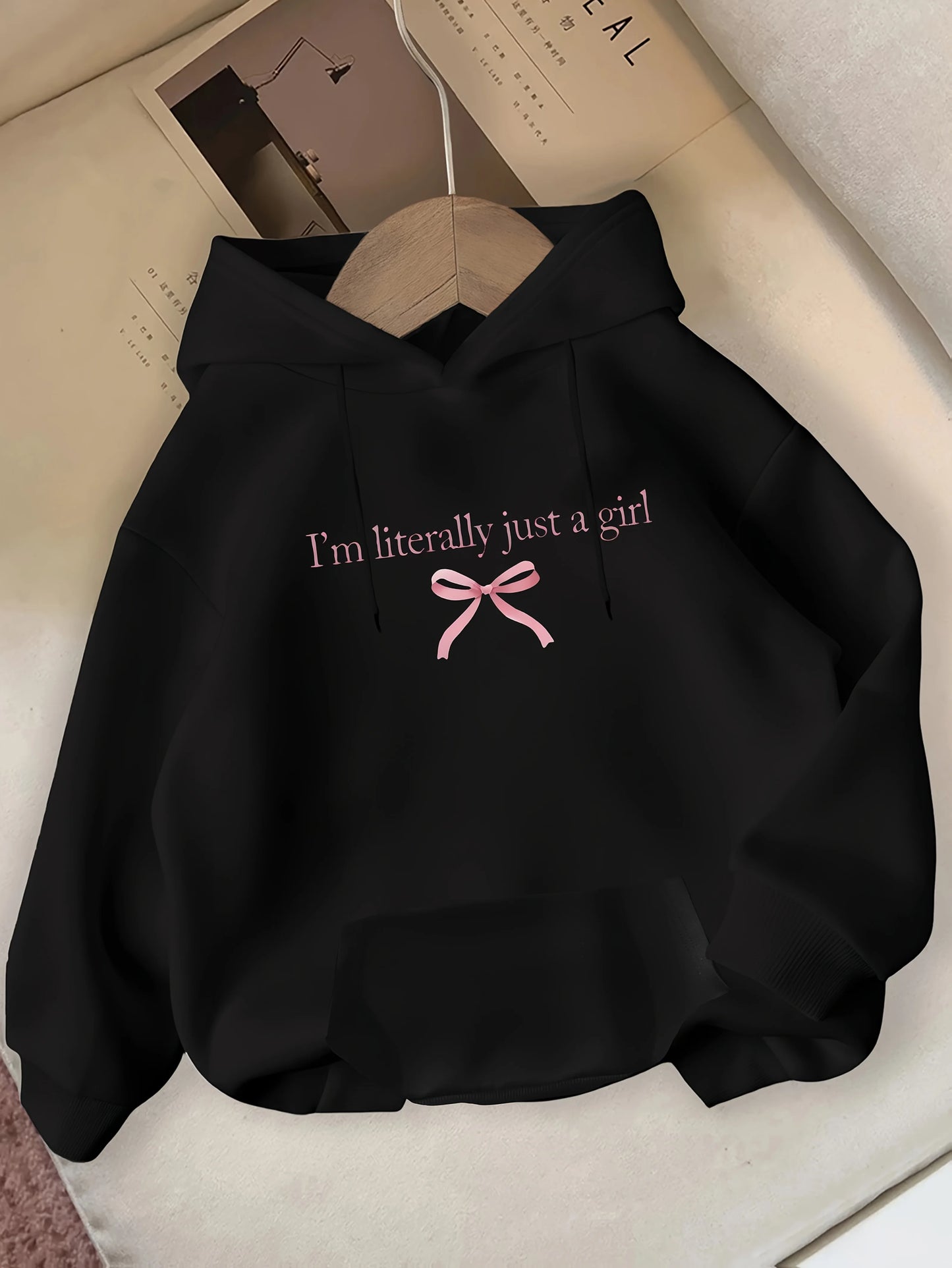 I'm Literally Just A Grill and Pink Bow Print Pattern for Autumn and Winter Women's Hooded Sweatshirt Round Neck Casual Clothing